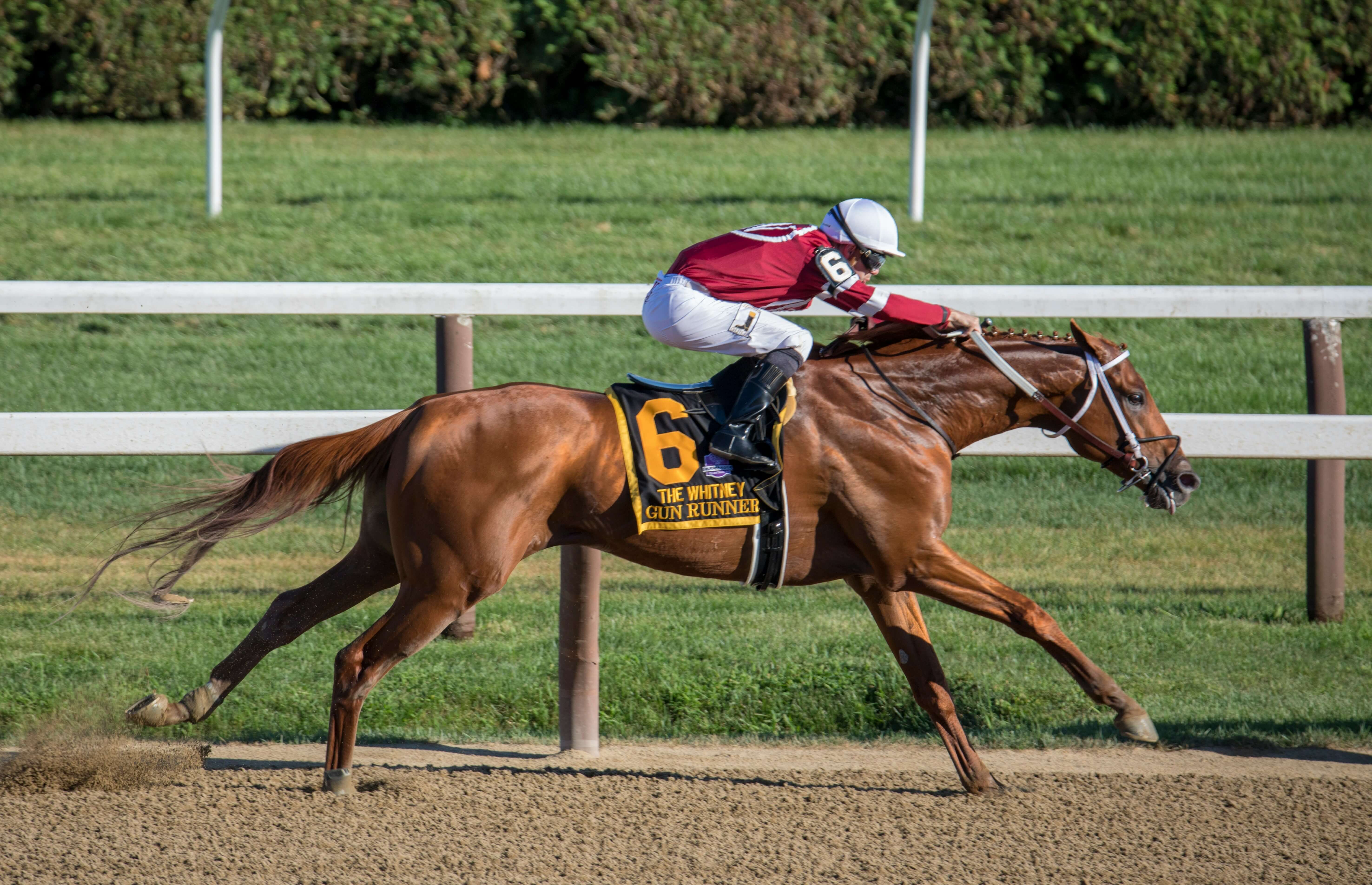Gun Runner, 2018 Horse of the Year winning the Whitney Stakes at Saratoga - with jockey Florent Geroux.
