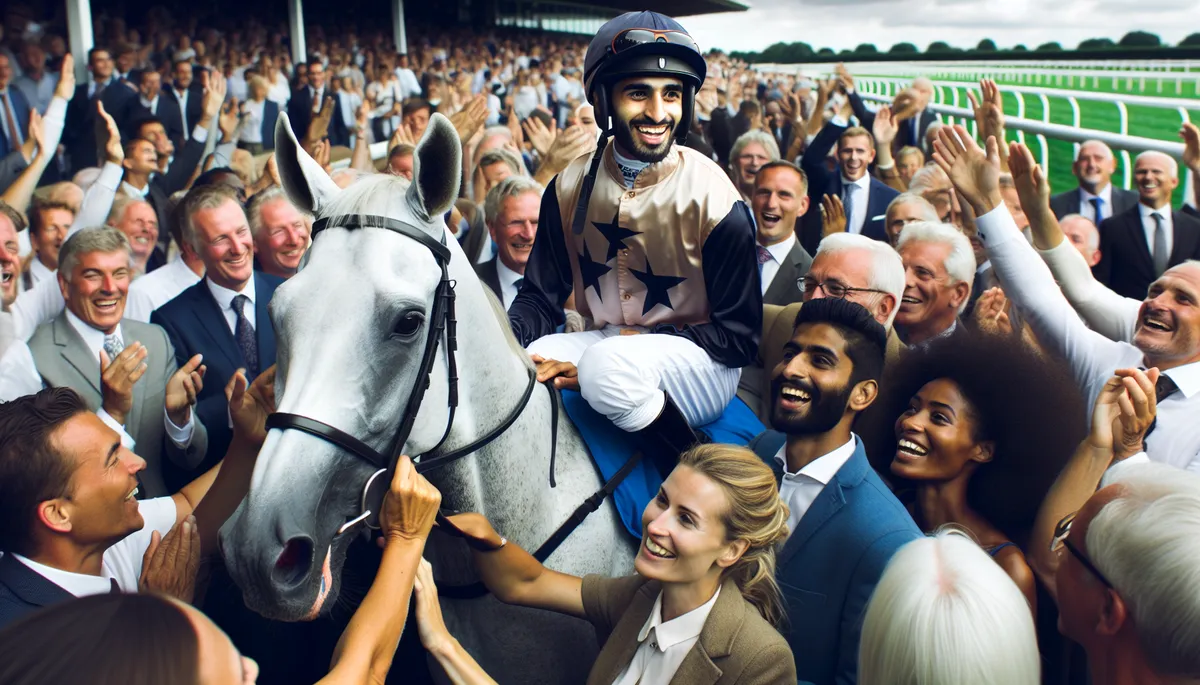 Winning horse and jockey enter the winning enclosure to applause